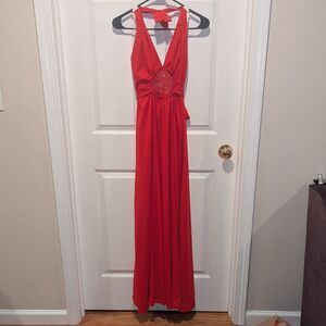 Vintage 70s Boho Act I Red Halter Tie‎ Around Neck Maxi Dress Old Hollywood